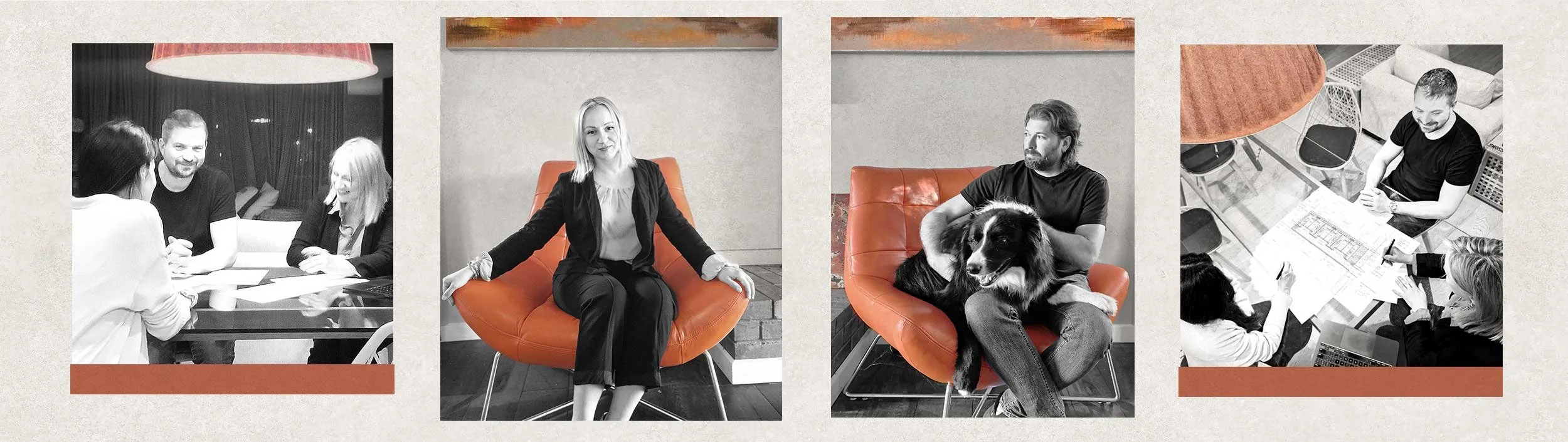 Four black-and-white photos of the Design Yard 32 team: reviewing plans at a table, a team member seated in an orange armchair, a team member with his dog, and an overhead view of a team meeting around floor plans