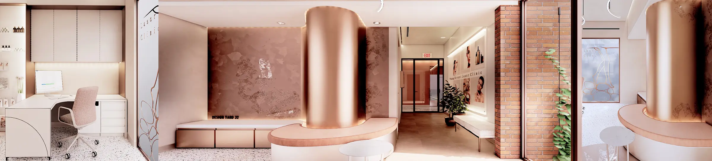 Rendered reception of a laser clinic with a curved blush-pink counter wrapped around a copper-clad column, a textured feature wall with bench seating, a brick pier with trailing plants, and a consultation desk to the side.