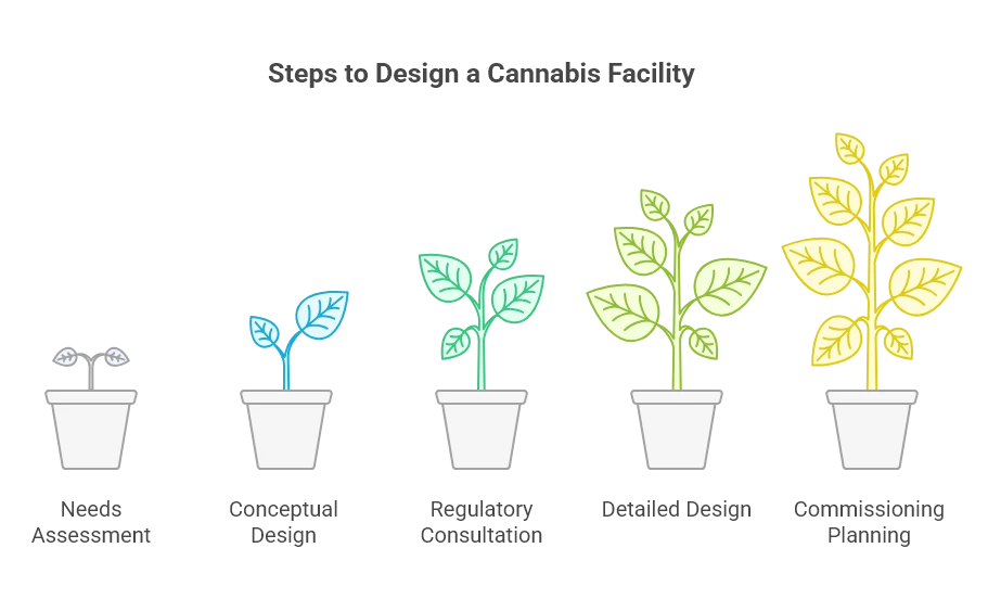 Infographic showing the steps to design a cannabis facility as growing plants, from needs assessment through conceptual design, regulatory consultation, and detailed design, to commissioning planning