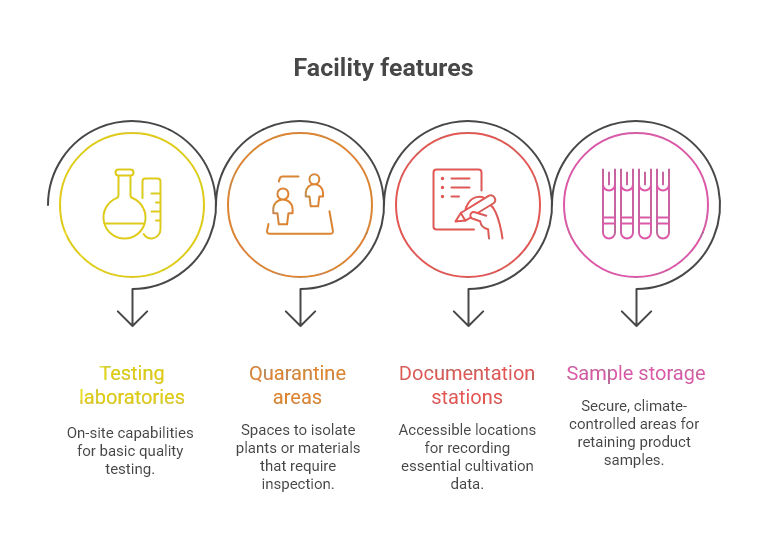 Infographic on cannabis facility features, covering testing laboratories, quarantine areas, documentation stations, and sample storage