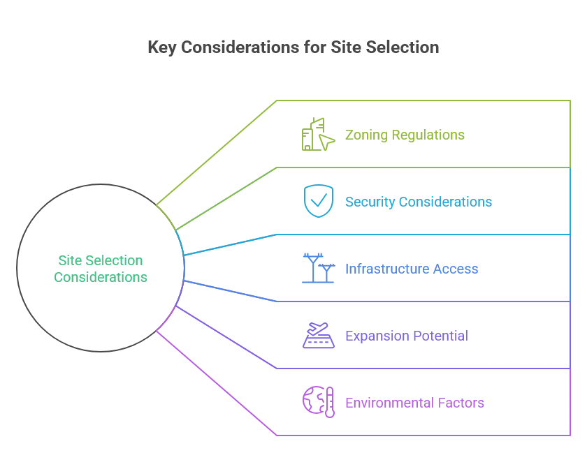 Infographic on key considerations for cannabis facility site selection, covering zoning regulations, security considerations, infrastructure access, expansion potential, and environmental factors