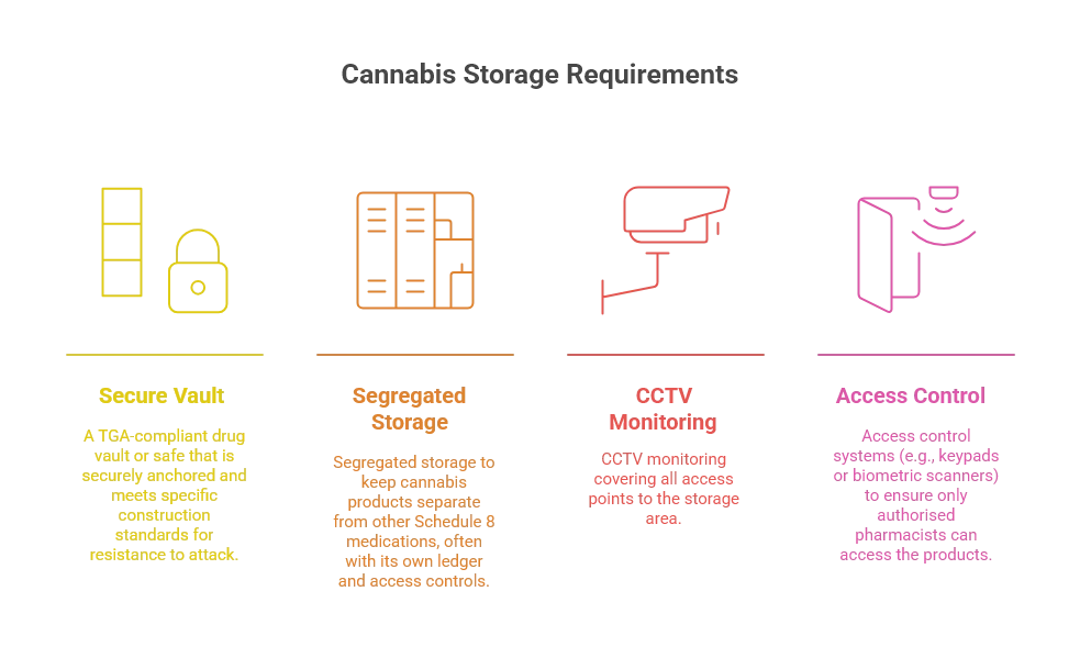 Infographic on cannabis storage requirements, covering secure vault, segregated storage, CCTV monitoring, and access control