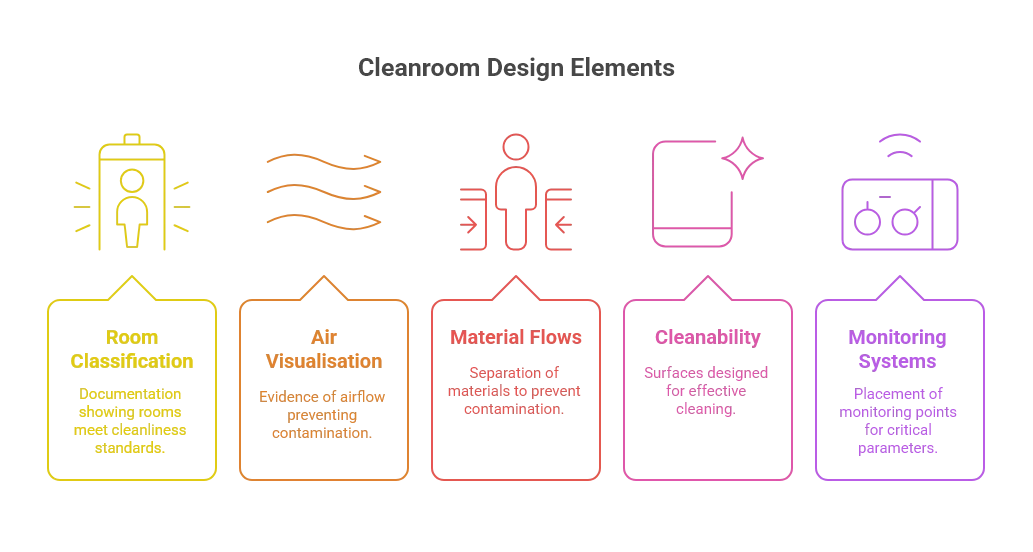 Infographic on cleanroom design elements, covering room classification, air visualisation, material flows, cleanability, and monitoring systems