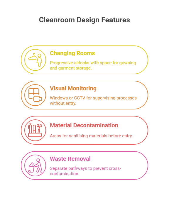 Infographic on cleanroom design features, covering changing rooms, visual monitoring, material decontamination, and waste removal