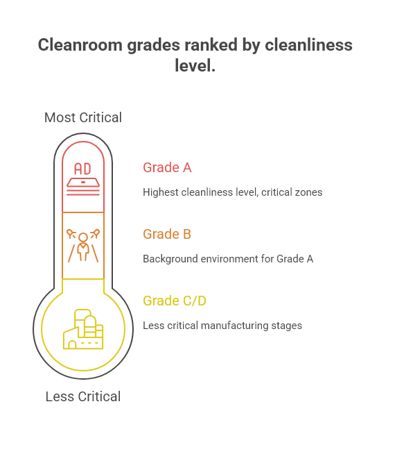 Infographic ranking cleanroom grades by cleanliness level, from most critical Grade A through Grade B to the least critical Grade C/D