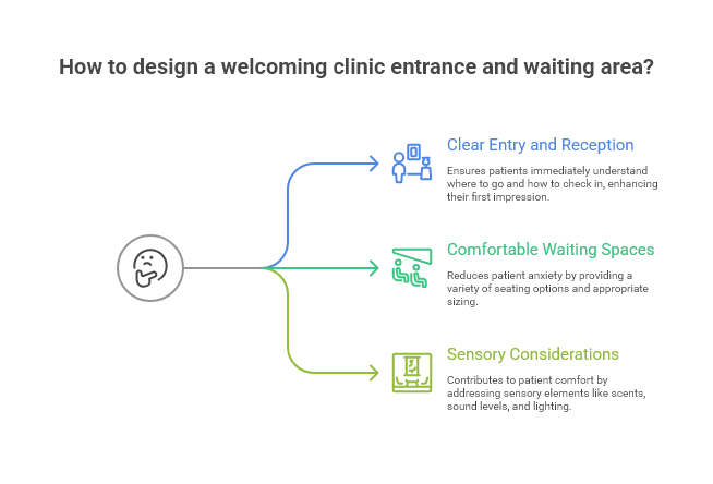 Infographic on designing a welcoming clinic entrance and waiting area, covering clear entry and reception, comfortable waiting spaces, and sensory considerations