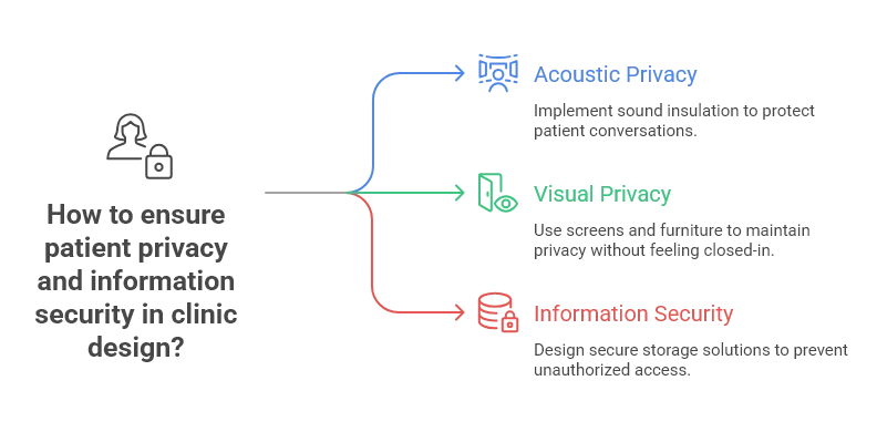 Infographic on ensuring patient privacy and information security in clinic design, covering acoustic privacy, visual privacy, and information security