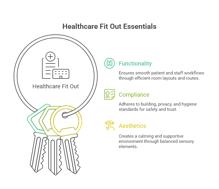 Infographic titled Healthcare Fit Out Essentials showing a bunch of keys labelled functionality, compliance, and aesthetics, each with a short description
