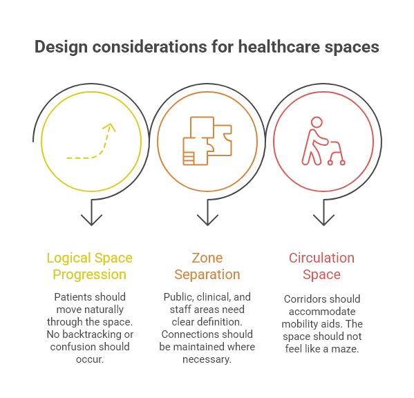 Infographic on design considerations for healthcare spaces, covering logical space progression, zone separation, and circulation space for mobility aids