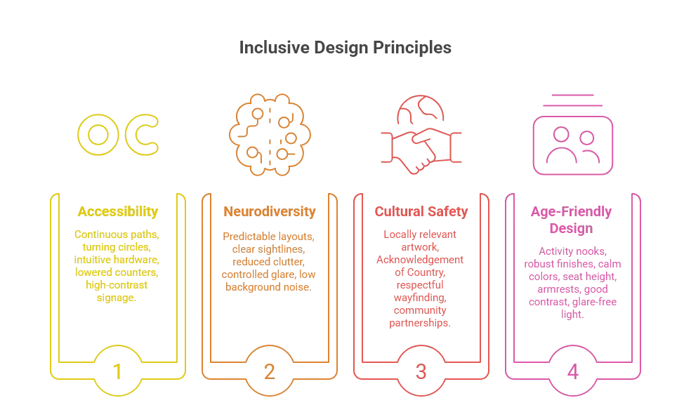 Infographic on inclusive design principles for clinics, covering accessibility, neurodiversity, cultural safety, and age-friendly design