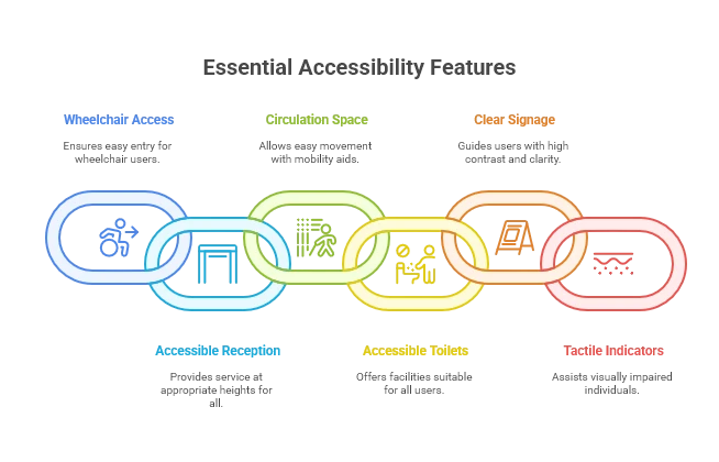 Infographic listing six essential accessibility features for a medical fitout: wheelchair access, circulation space, clear signage, accessible reception, accessible toilets, and tactile indicators