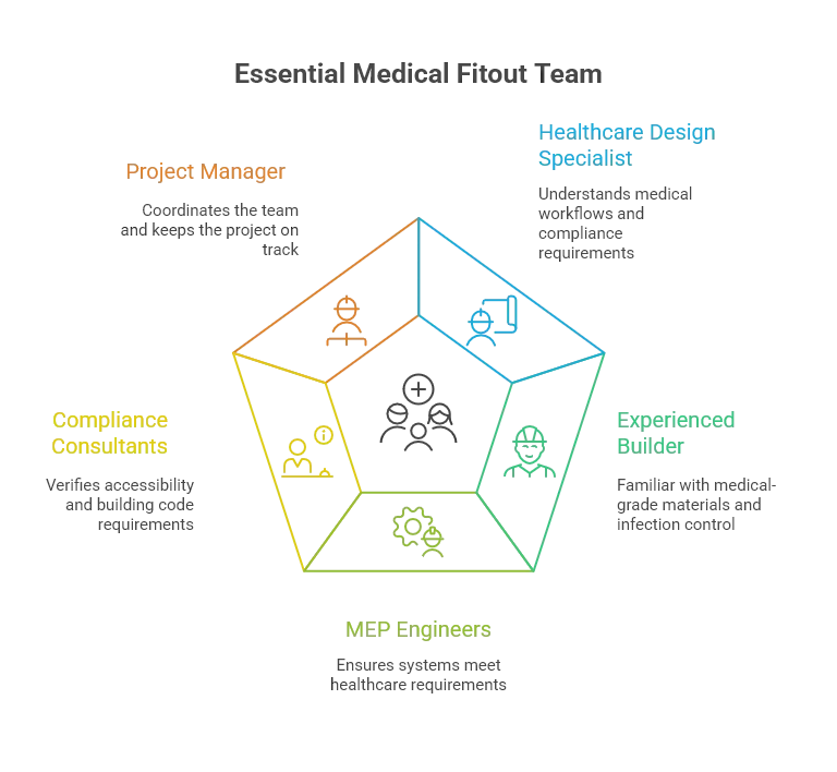 Infographic showing five essential roles on a medical fitout project team: healthcare design specialist, experienced builder, MEP engineers, compliance consultants, and project manager