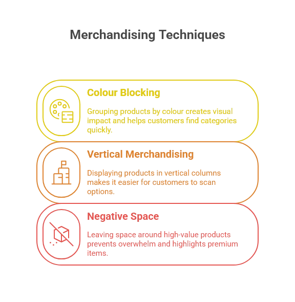 Infographic on merchandising techniques, covering colour blocking, vertical merchandising, and negative space