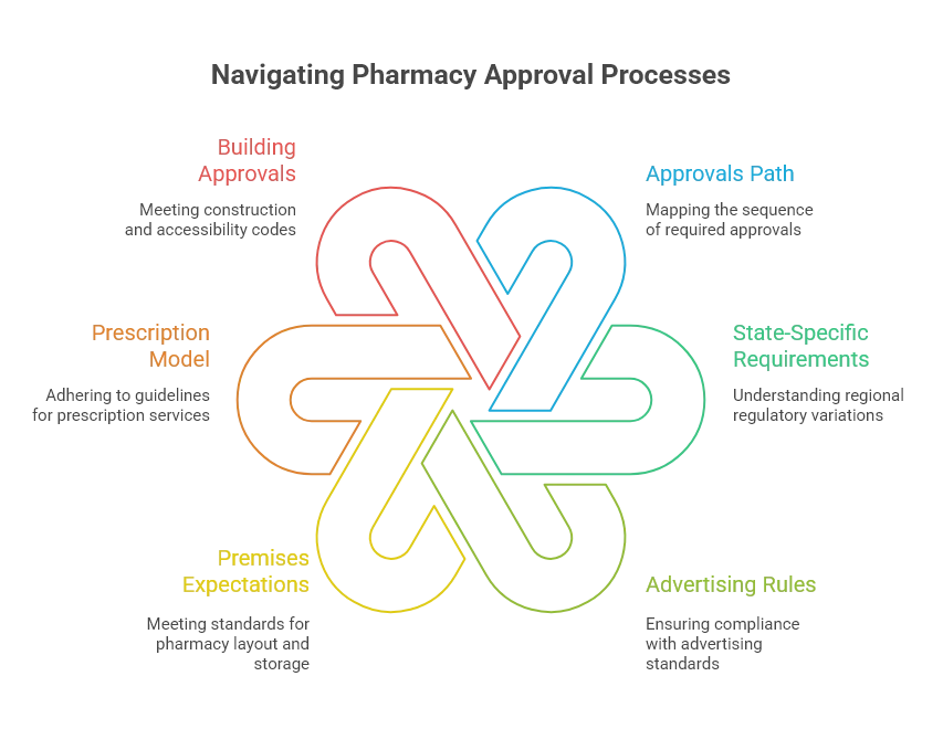 Infographic on navigating pharmacy approval processes, covering building approvals, the approvals path, state-specific requirements, advertising rules, premises expectations, and the prescription model