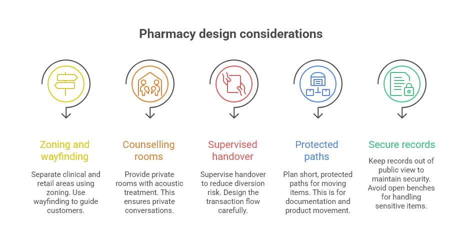 Infographic on pharmacy design considerations, covering zoning and wayfinding, counselling rooms, supervised handover, protected paths, and secure records
