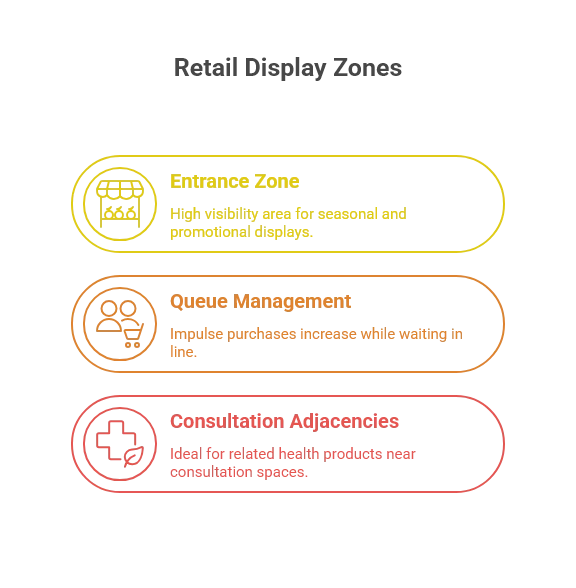 Infographic on retail display zones, covering the entrance zone, queue management, and consultation adjacencies
