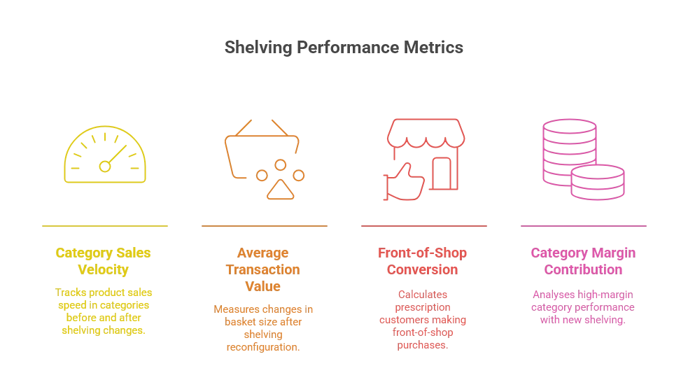 Infographic on shelving performance metrics, covering category sales velocity, average transaction value, front-of-shop conversion, and category margin contribution