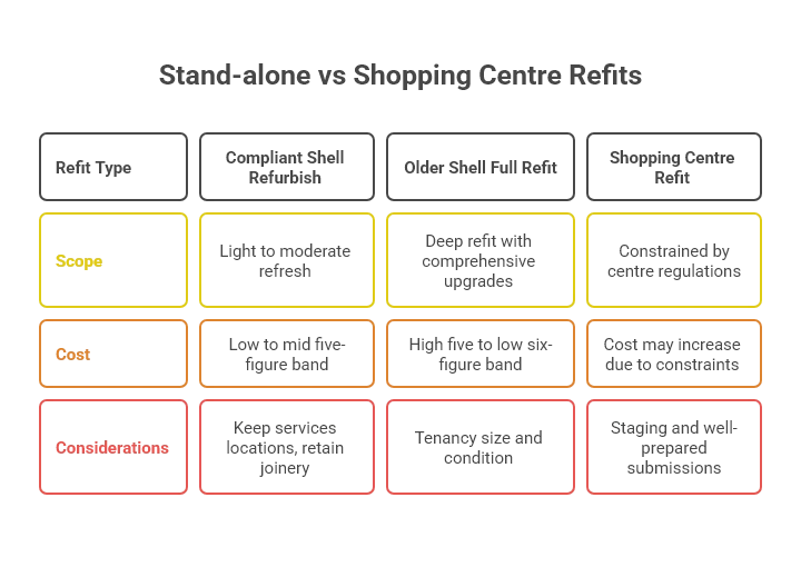 Comparison table of stand-alone versus shopping centre dispensary refits across scope, cost, and considerations for compliant shell refurbishments, older shell full refits, and shopping centre refits