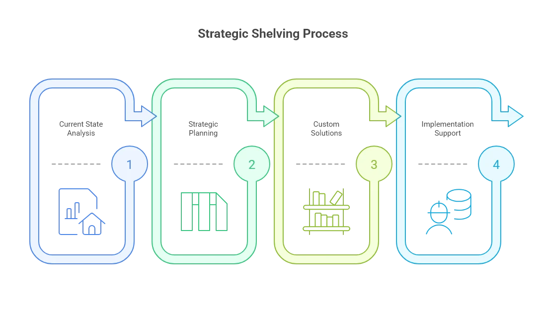 Infographic on the strategic shelving process, showing four steps: current state analysis, strategic planning, custom solutions, and implementation support