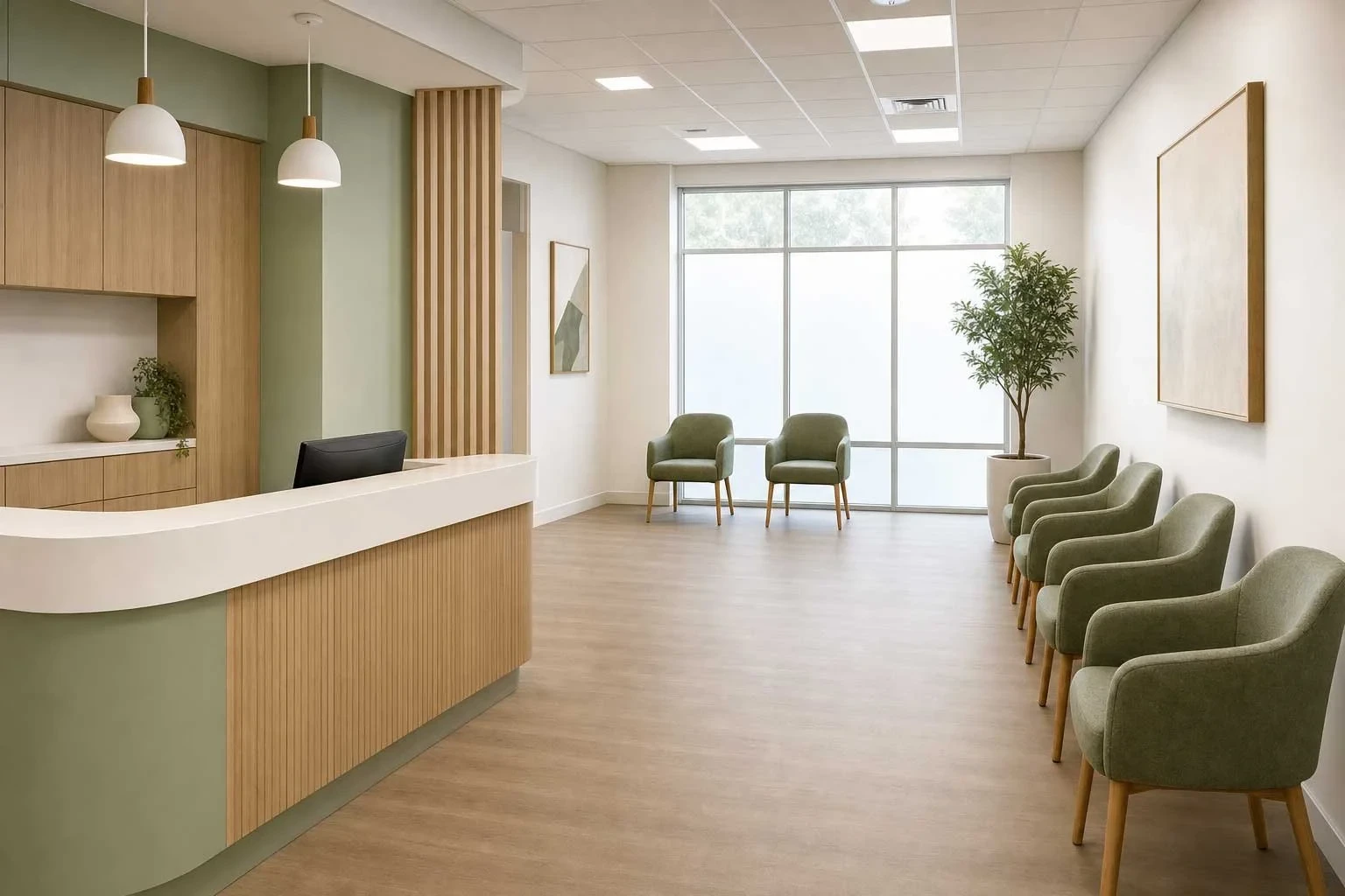A curved sage green and timber reception desk beside a waiting area with rows of sage green upholstered armchairs, a fluted timber slat feature wall, and pendant lighting