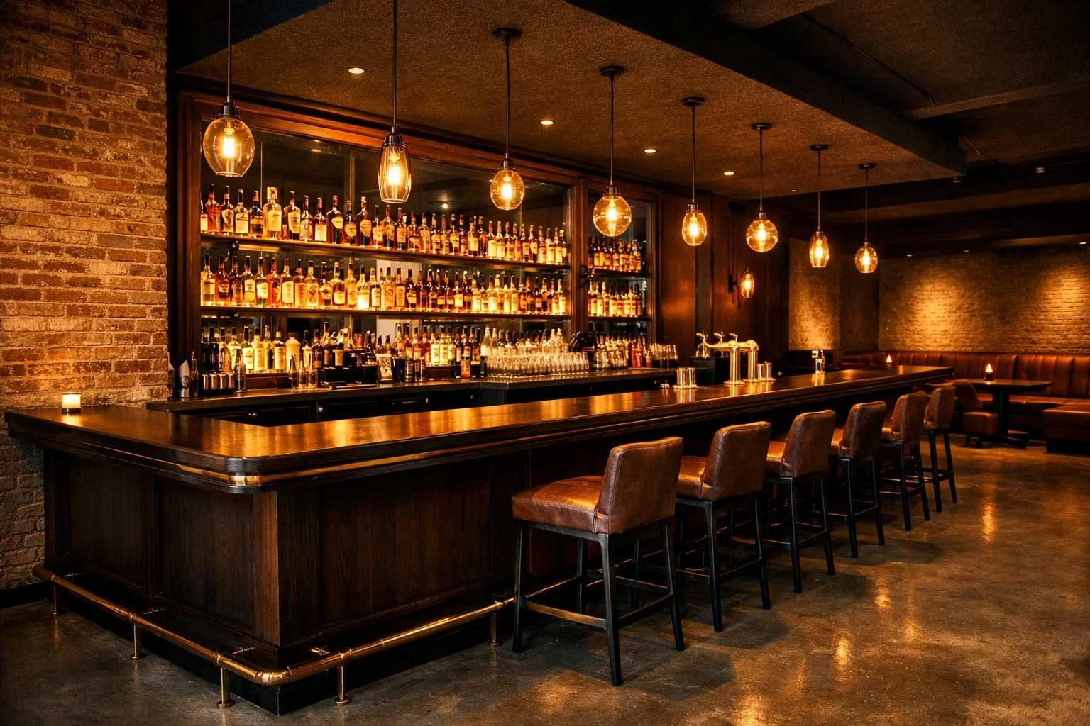 A dark timber bar with amber pendant lights, back-lit shelving stocked with spirit bottles, leather bar stools, and exposed brick walls