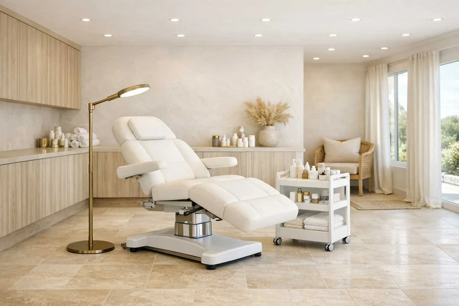 A beauty salon treatment room with a reclined white treatment chair, a brass adjustable lamp, a mobile trolley of skincare products, and neutral stone-look walls