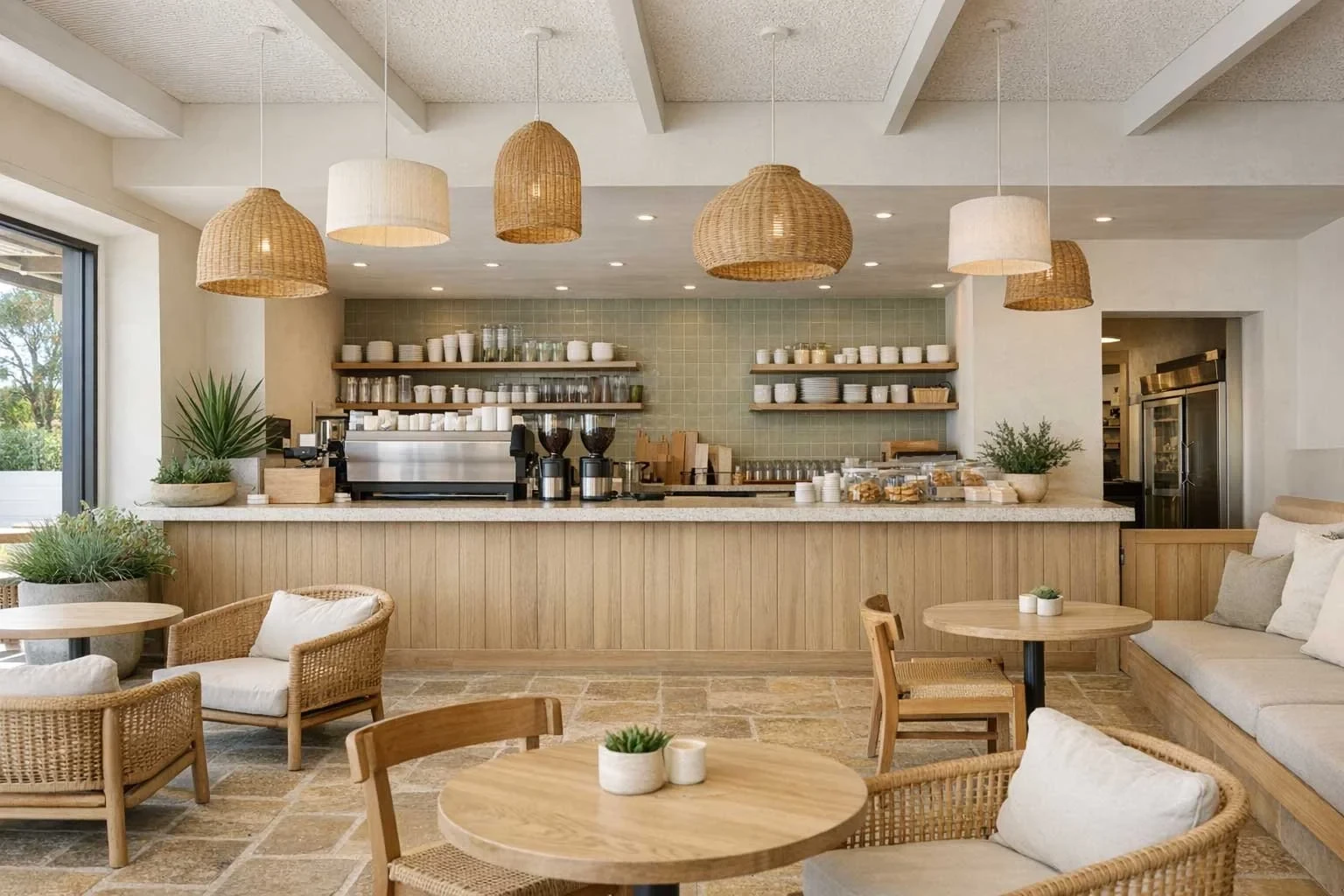 A cafe with a timber service counter, green tiled splashback, open shelving stocked with crockery, rattan pendant lights, and rattan lounge seating around timber tables