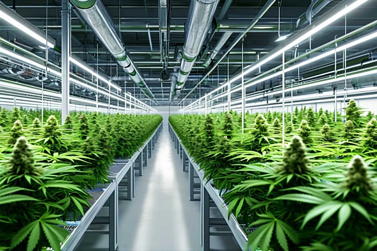 Rows of mature cannabis plants under overhead grow lights in a commercial cultivation facility, with ventilation ducting and a central walkway