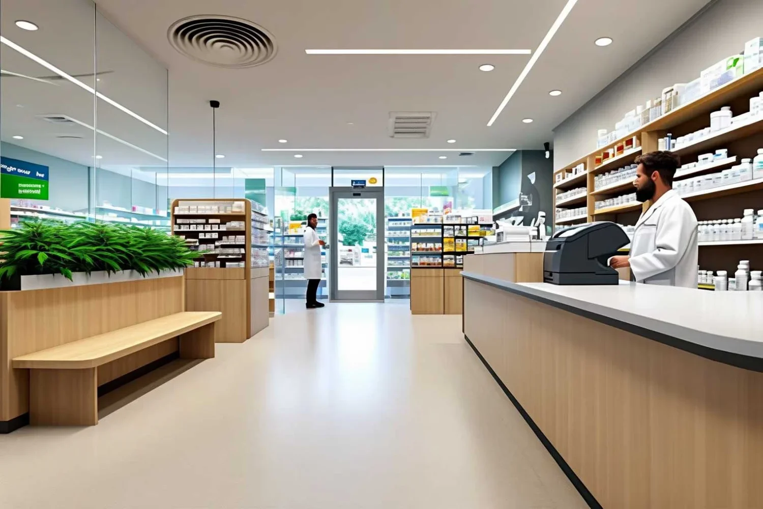 A pharmacy-style dispensary interior with a pharmacist working behind a counter, timber shelving stocked with product, a planter of cannabis leaves, and a bench seating area