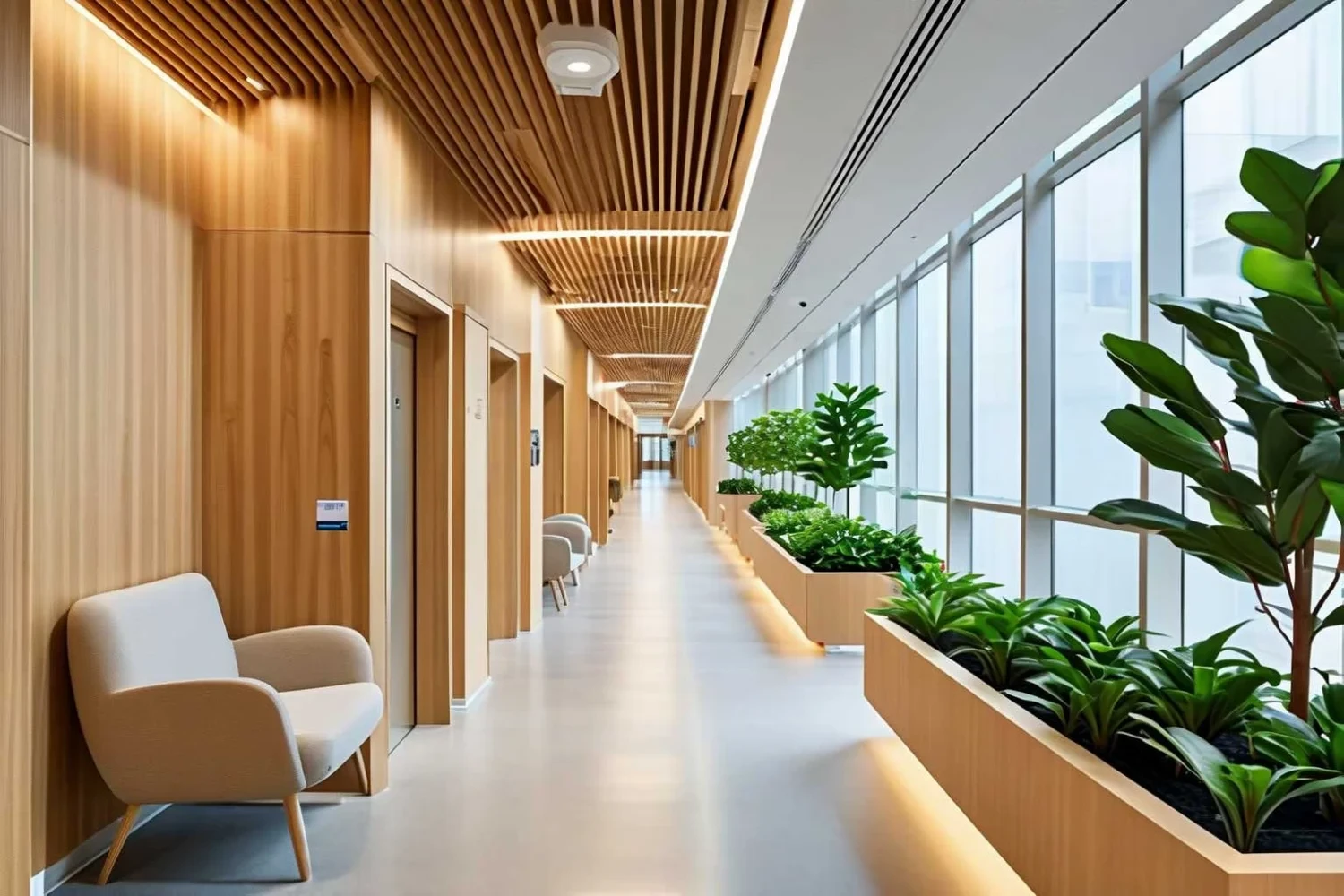 A clinic corridor with a timber slat ceiling, floor-to-ceiling windows along one side, built-in planters with greenery, and a cream armchair against a timber-panelled wall