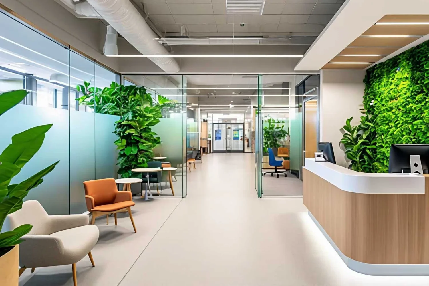 A modern clinic corridor with a living green wall behind the reception desk, glass-partitioned consultation rooms, potted plants, and orange and cream lounge chairs in the waiting area