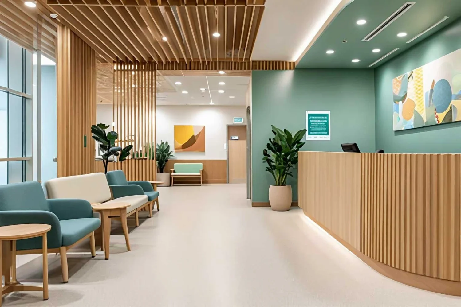A clinic waiting area with teal upholstered chairs, timber slat ceiling detailing, and a curved sage green reception desk with artwork on the wall behind it