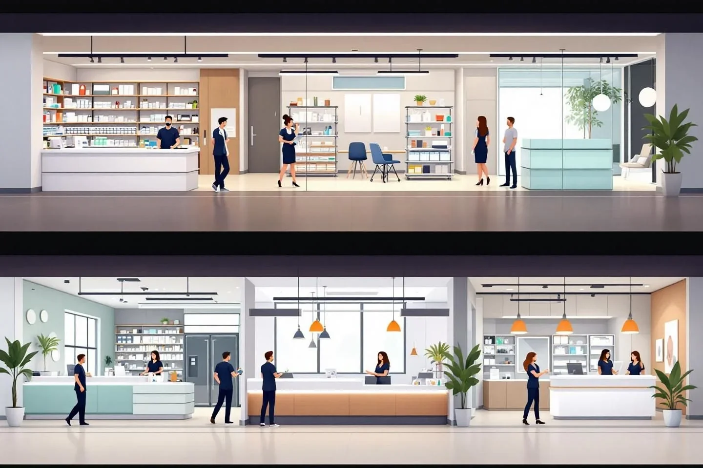 Illustrated cutaway of multiple commercial fitout spaces including a pharmacy, medical office, and retail service counters, each with staff and customers, plants, and pendant lighting