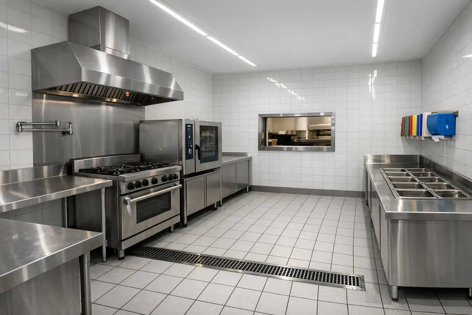 A commercial kitchen with stainless steel cooking line, extraction canopy, white tiled walls, a floor drain, and a pass-through servery window