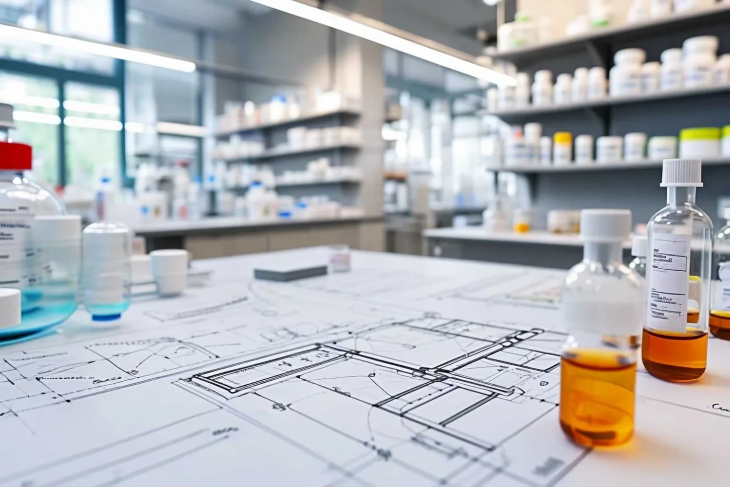 A compounding lab bench with an architectural floor plan laid out, amber glass reagent bottles, and pharmacy shelving stocked with medication in the background