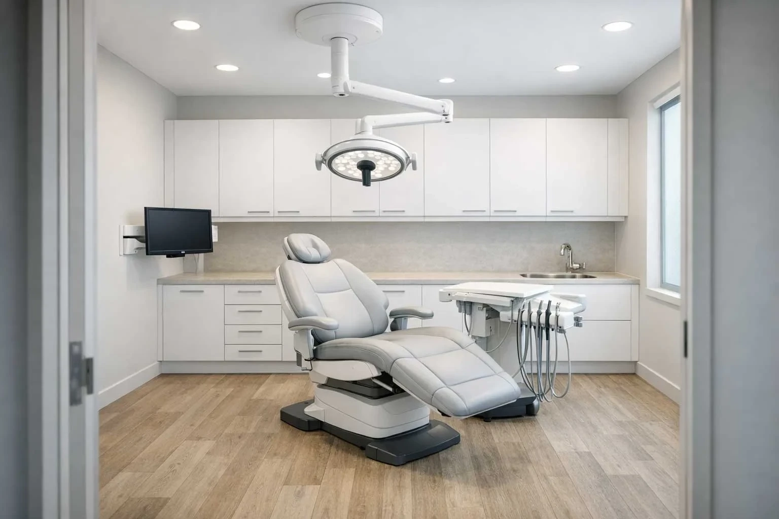 A dental surgery room with a reclined dental chair beneath a ceiling-mounted operating light, a wall-mounted monitor, white cabinetry, and timber-look flooring