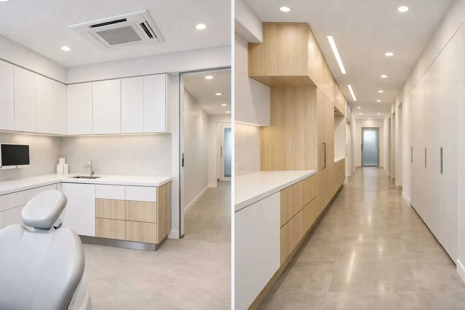 Split image of a dental surgery treatment room with a reclined dental chair and overhead cassette air conditioner, alongside a corridor of timber and white cabinetry leading past frosted glass doors