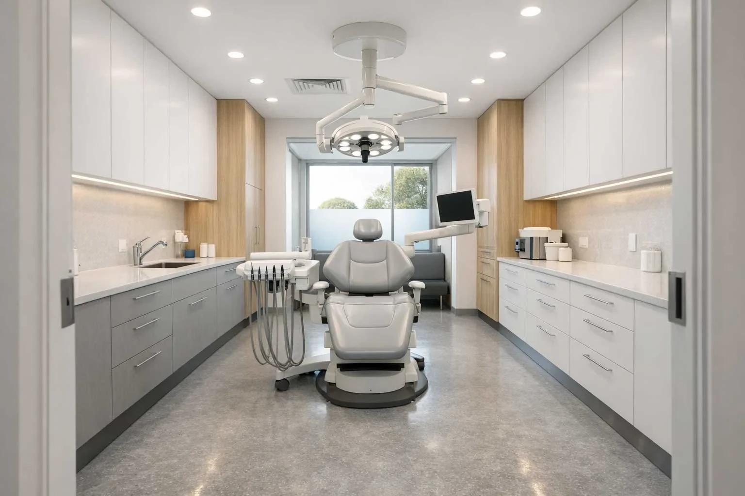 A long dental treatment room viewed down its length, with a reclined dental chair and ceiling-mounted light at its centre, cabinetry running along both walls, and a window at the far end