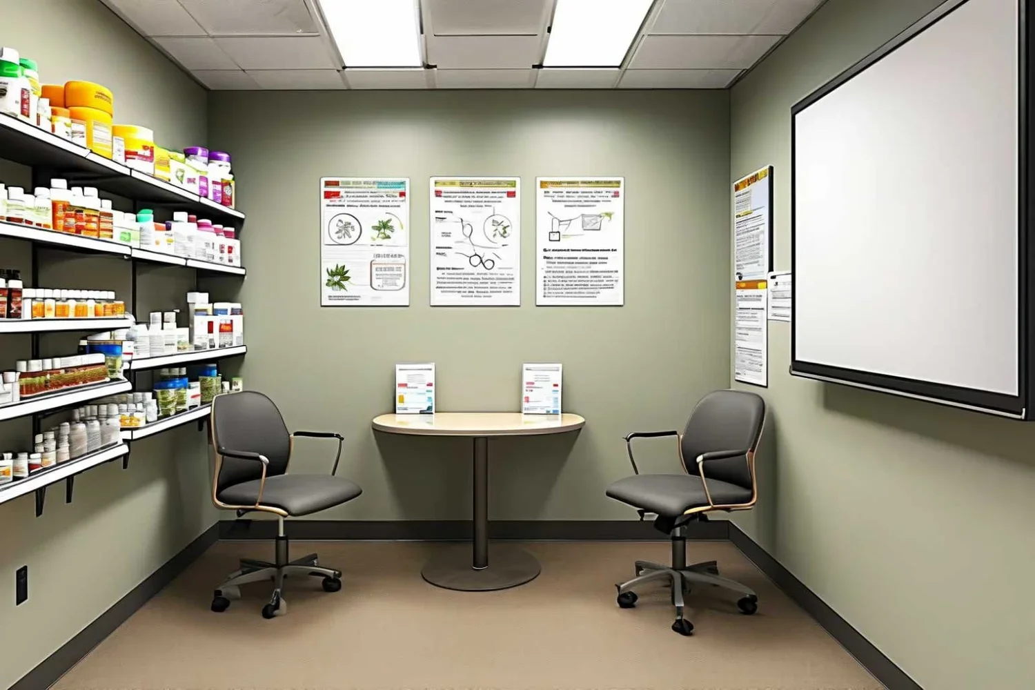 A small consultation room with two chairs at a table, wall-mounted informational posters, a whiteboard, and shelving stocked with medication on the opposite wall