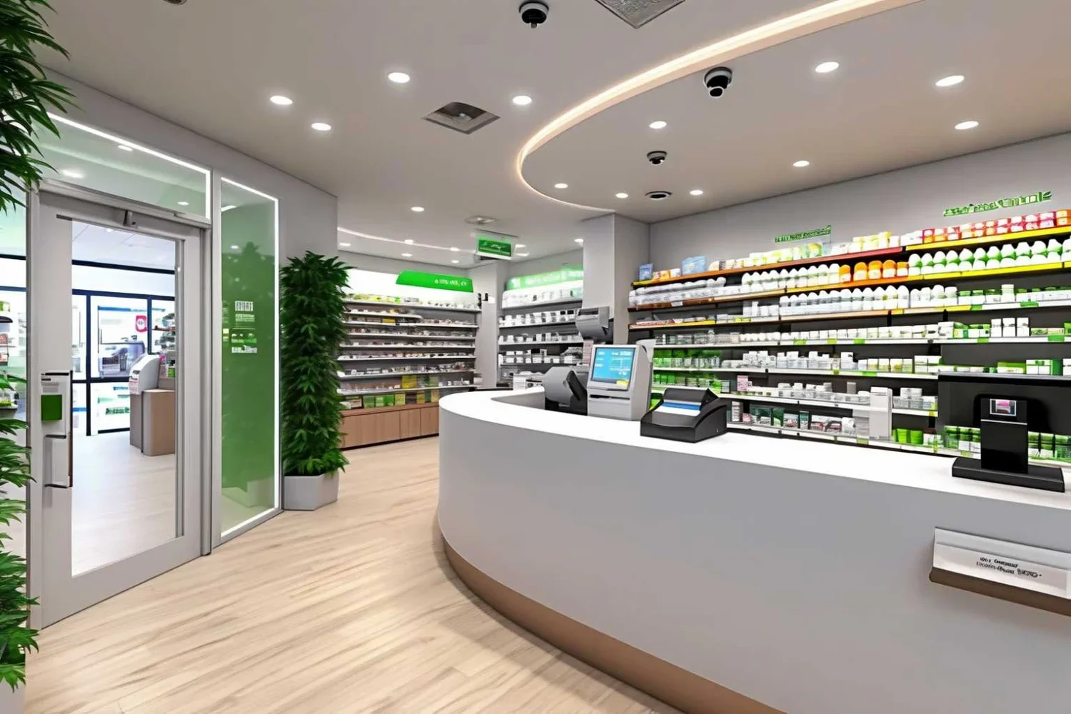 A dispensary interior with a curved white service counter, a self-service kiosk, green-branded product shelving, and a glass entry door with potted plants