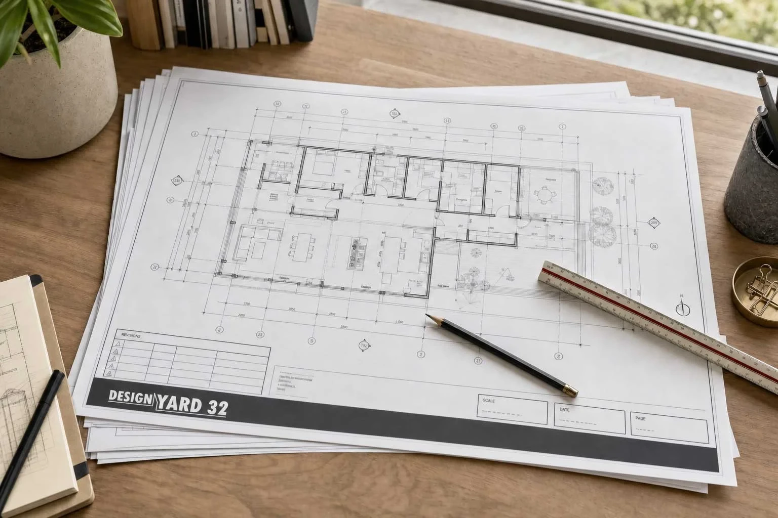 A Design Yard 32 branded floor plan set on a desk with a pencil and architect's scale ruler resting on top, alongside a notebook and pot plant