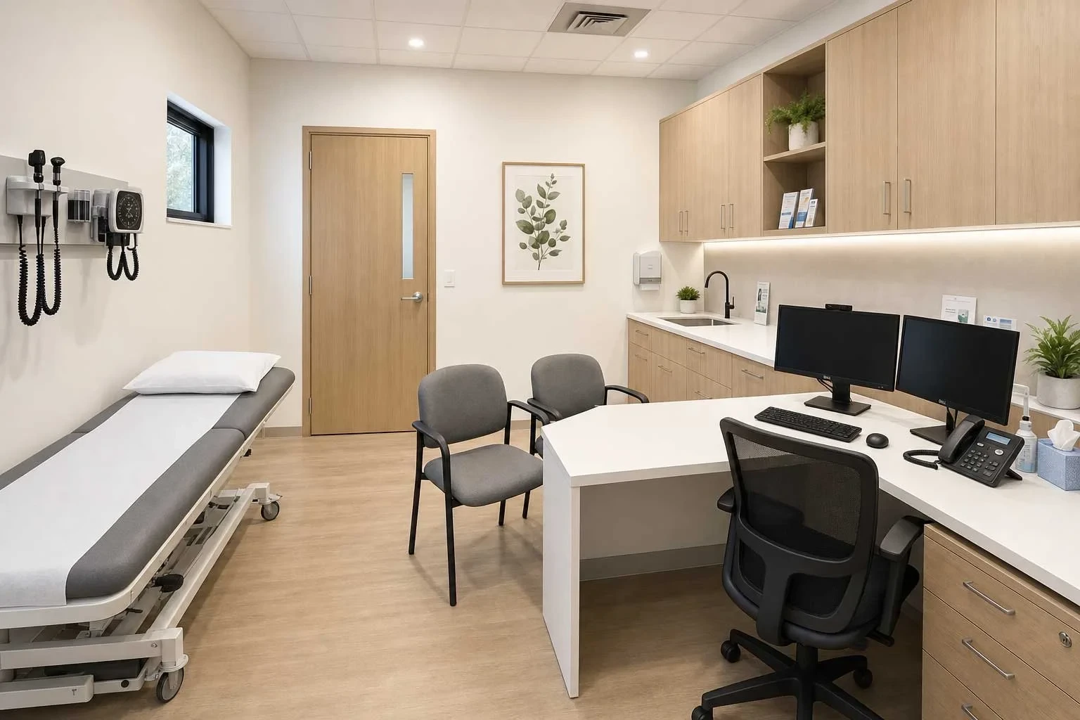 A GP consultation room with a padded examination bed, wall-mounted blood pressure and diagnostic equipment, a corner desk with dual monitors, and light timber cabinetry