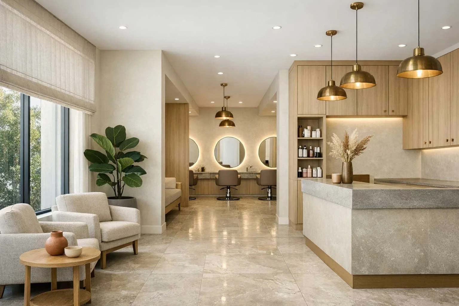 A hair salon with brass dome pendant lights over a stone reception desk, round mirror styling stations in the background, and a lounge seating area with a large potted fig tree