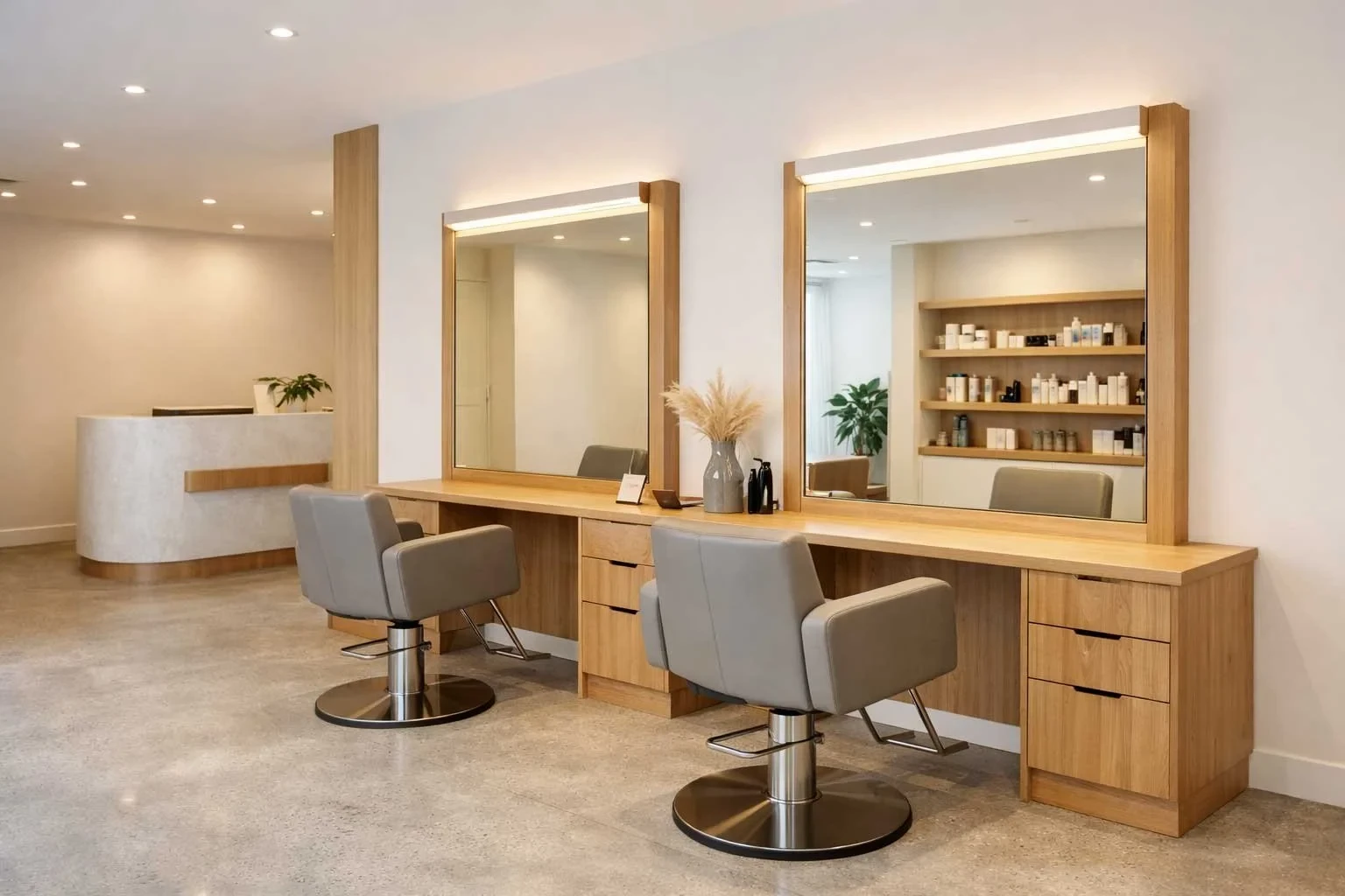 A hair salon styling area with two timber-framed mirrors, timber styling desks, grey leather styling chairs, and a curved reception desk in the background