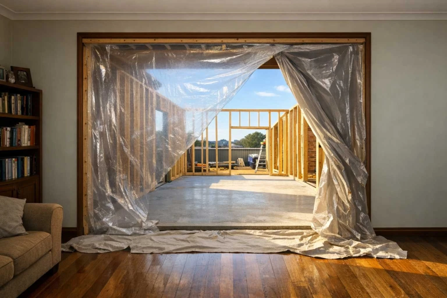 A living room opening onto a home extension under construction, with plastic sheeting hung across the opening and a timber-framed structure visible beyond