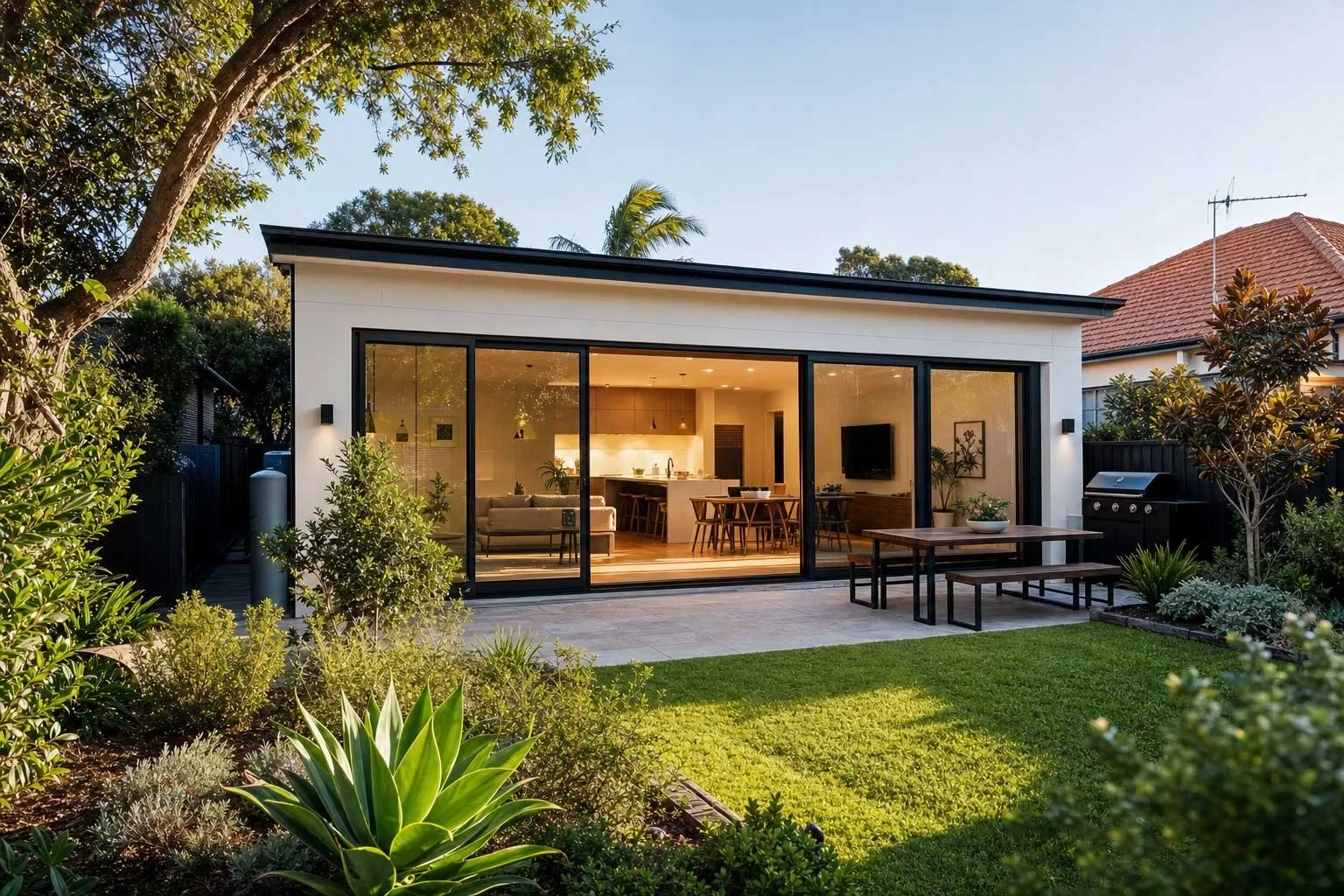 A single-storey rear home extension at dusk with floor-to-ceiling black-framed glazing opening onto a landscaped backyard, timber outdoor dining table, and lawn