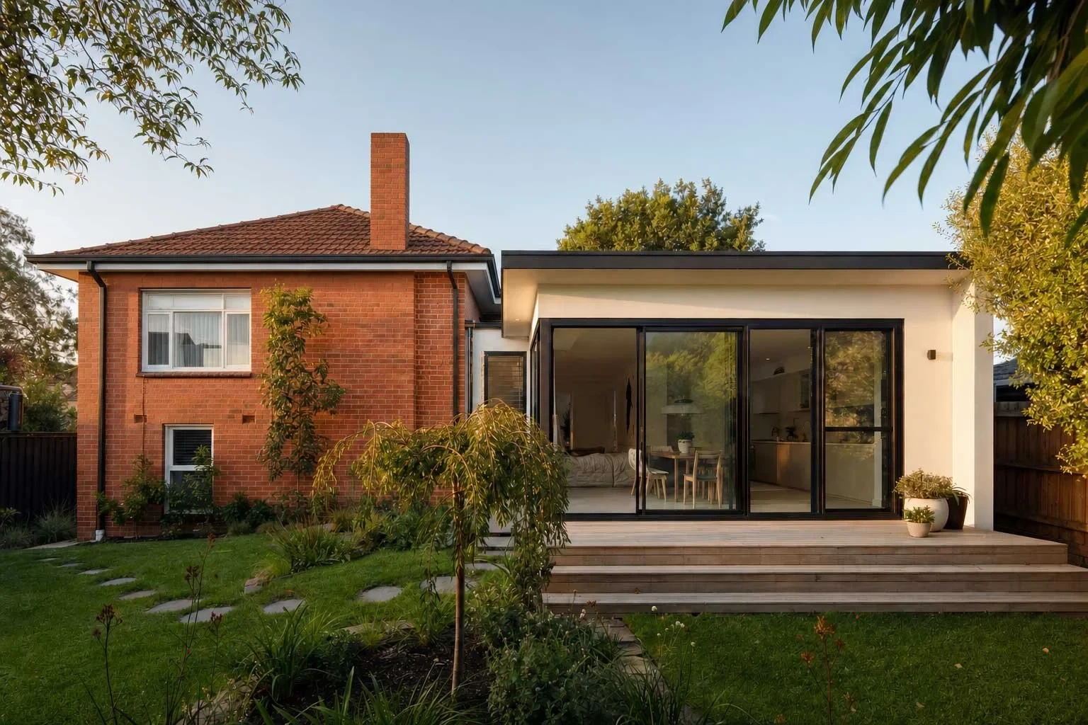 The rear exterior of a period red brick home with a flat-roofed white rendered extension, black-framed sliding glass doors, and a timber deck opening onto a landscaped garden