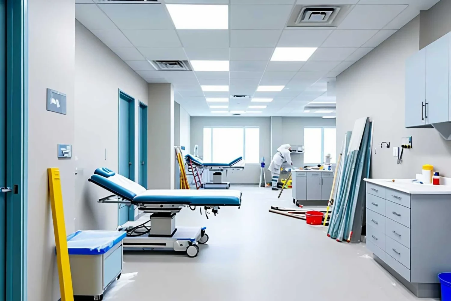 A medical centre examination room mid-renovation, with an exam table and cabinetry installed, a tradesperson in PPE working near a window, and building materials stacked against the wall