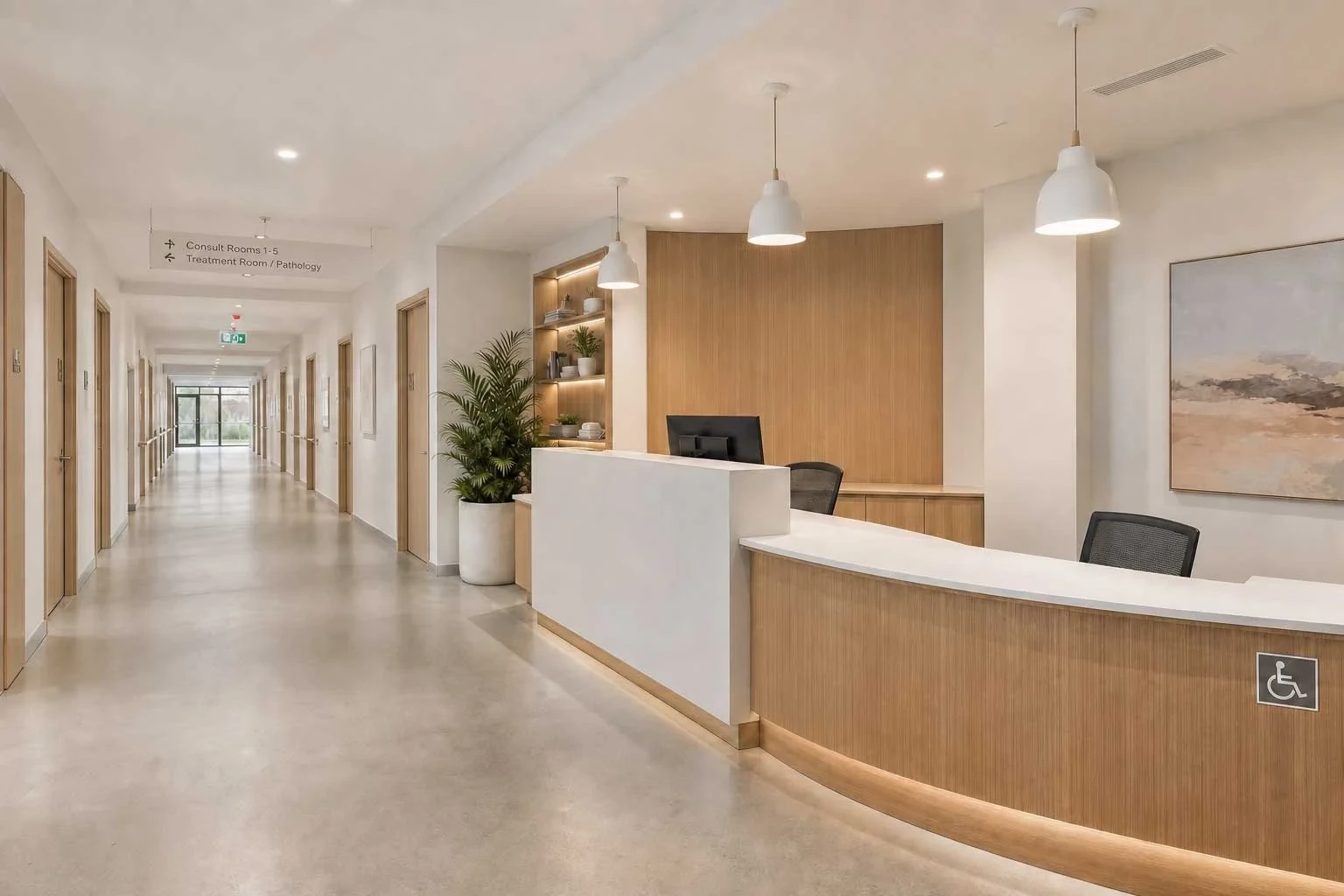 A medical clinic reception with a curved white and timber desk featuring a lowered accessible section, pendant lighting, and a corridor of consult room doors with overhead wayfinding signage