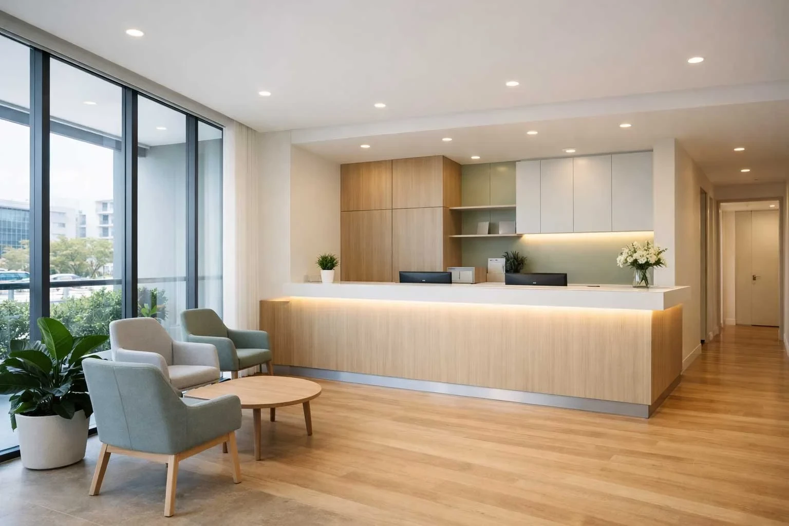 A medical clinic reception desk in warm timber veneer beneath floor-to-ceiling windows, with a waiting area of sage green armchairs, a round timber coffee table, and potted plants